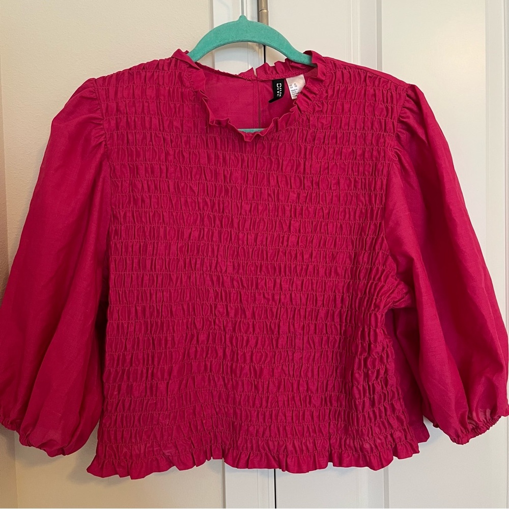 H&M Divided Puff-Sleeved Smocked Blouse, Size XL, Pink, Gently worn